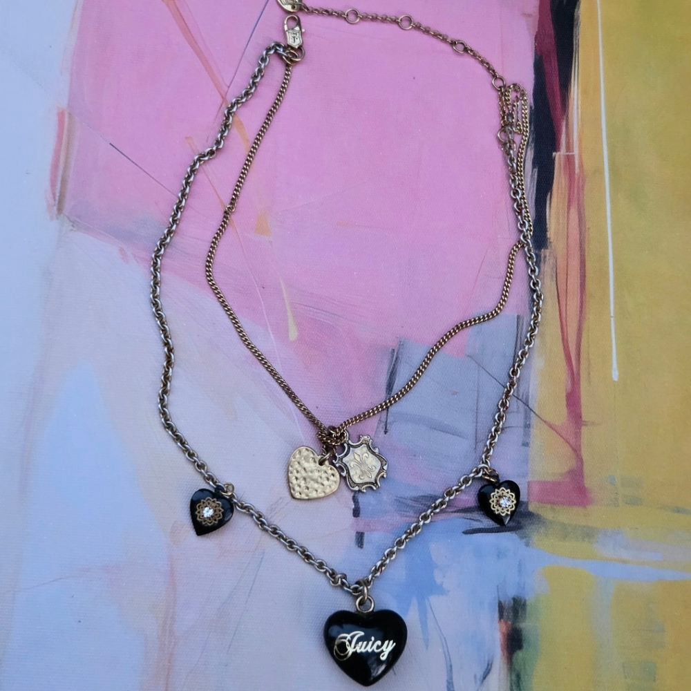 Juicy Couture Y2K Black Heart Charm Layered Silver & Gold Charm Necklace